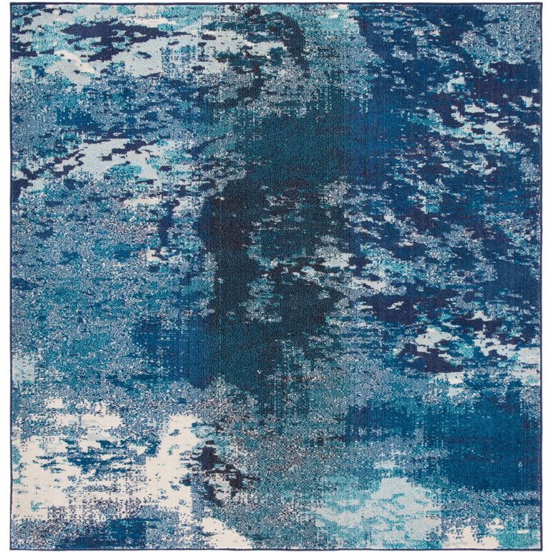 Blue and Grey Square Synthetic Flat Woven Area Rug