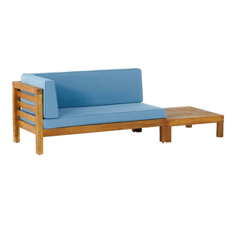 Teak and Blue Acacia Wood Loveseat and Coffee Table Set with Cushions