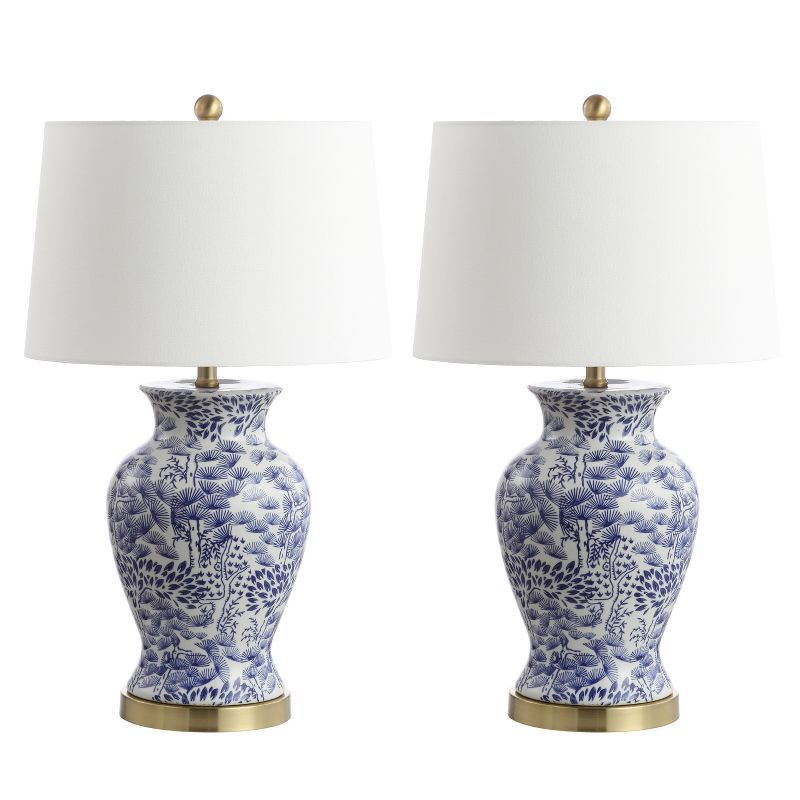 Alona Blue and White Ceramic Table Lamp Set with Brass Base