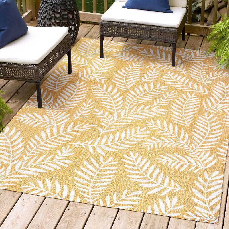 Yellow and Cream Synthetic Palm Frond Indoor/Outdoor Area Rug, 5'3" x 7'7"