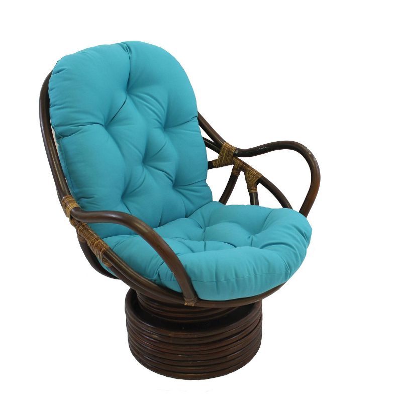 Bohemian Walnut Rattan Swivel Rocker Chair with Aqua Twill Cushion