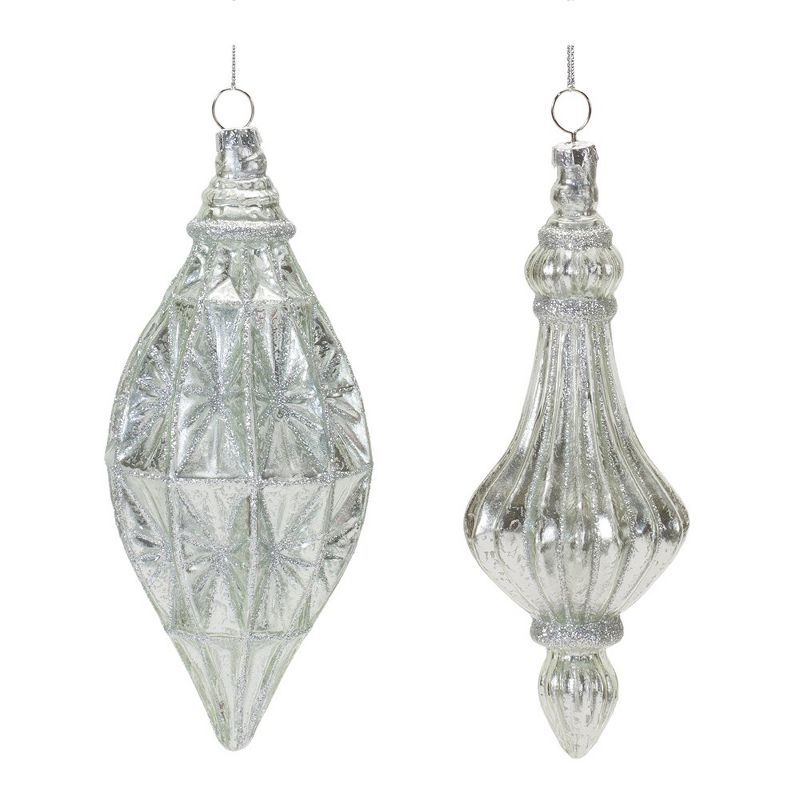 Silver Glittered Glass Drop Ornaments Set of 12