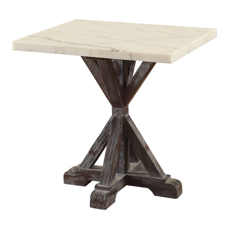 Romina Weathered Espresso Pine Wood & White Marble End Table