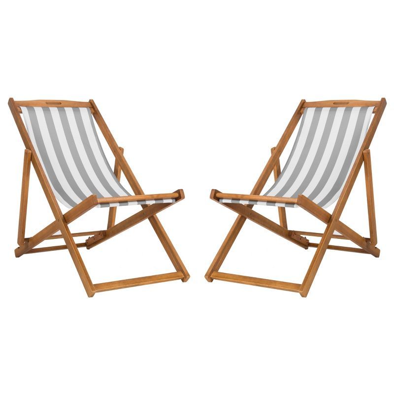 Loren Natural Teak and Grey Stripe Foldable Sling Chair Set