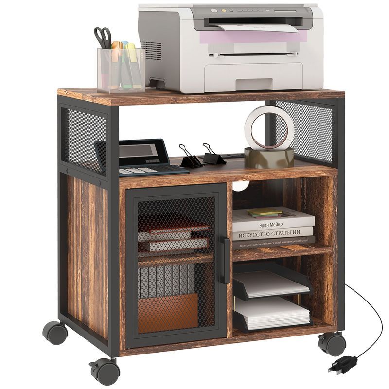 Rustic Brown Mobile Printer Stand with Storage Cabinet and USB Ports