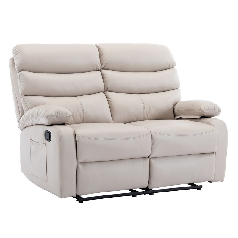 Beige Faux Leather Reclining Loveseat with Round Arms