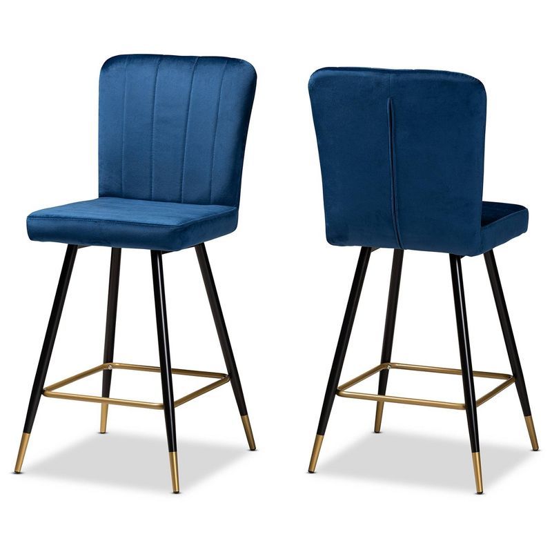 Navy Blue Velvet and Gold Metal Adjustable Bar Stool Set