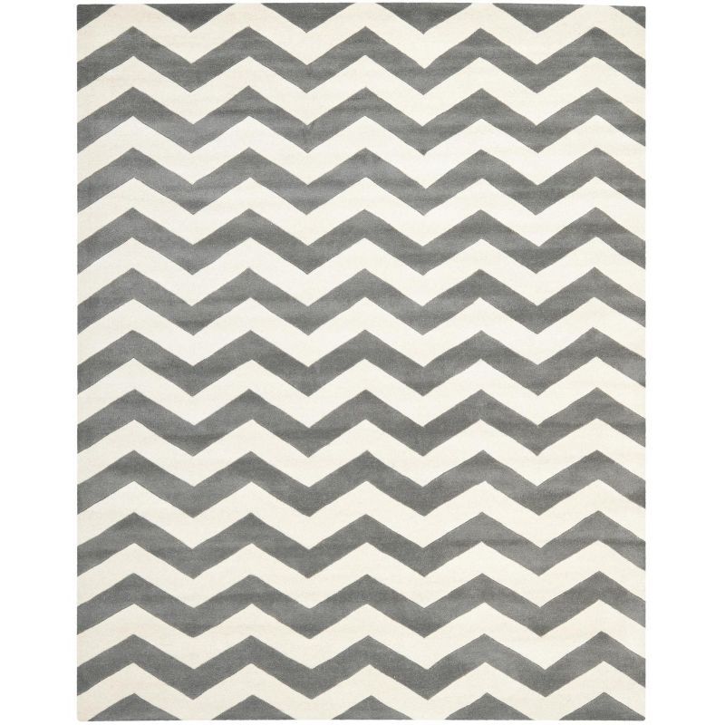 Hand-Tufted Dark Grey and Ivory Wool Chevron Area Rug, 10' x 14'