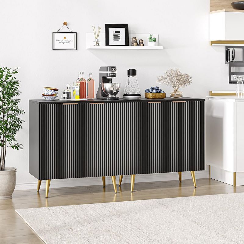 Black Fluted Sideboard Buffet Cabinet with Adjustable Shelves