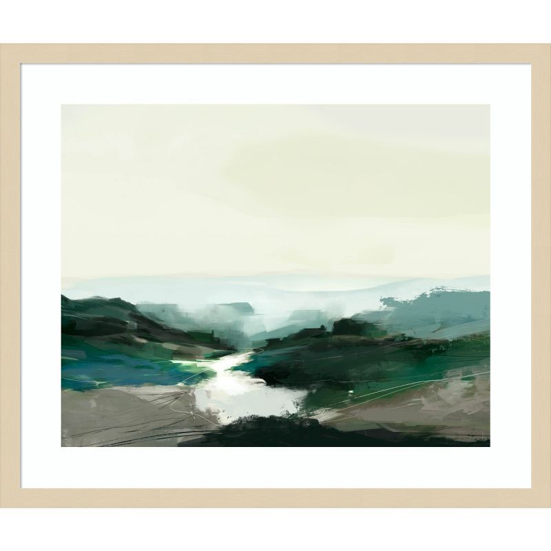 Serene Landscape Abstract Lithograph with Wood Frame, 25 x 21