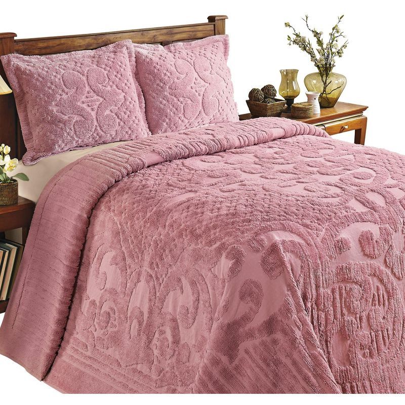 Full Pink Cotton Chenille Textured Scrolling Bedspread