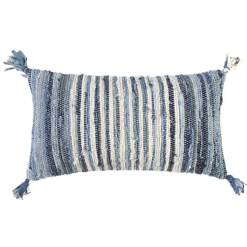 Blue and Ivory Striped Recycled Denim Lumbar Pillow with Tassels