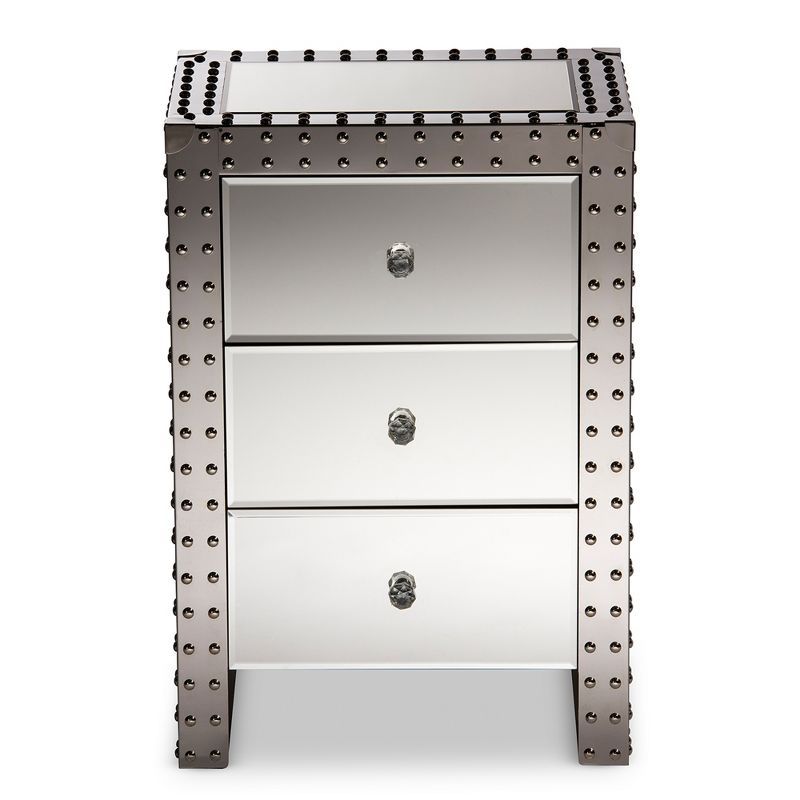 Azura Silver Mirrored 3-Drawer Nightstand with Nailhead Trim