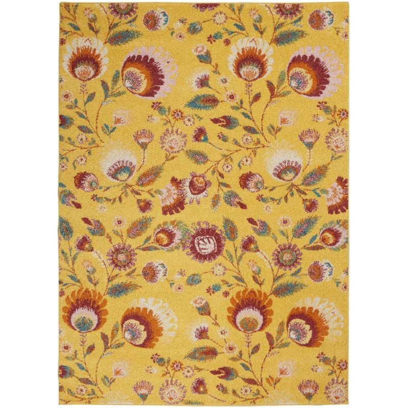 Vibrant Floral Blooms Yellow Synthetic 5' x 7' Area Rug