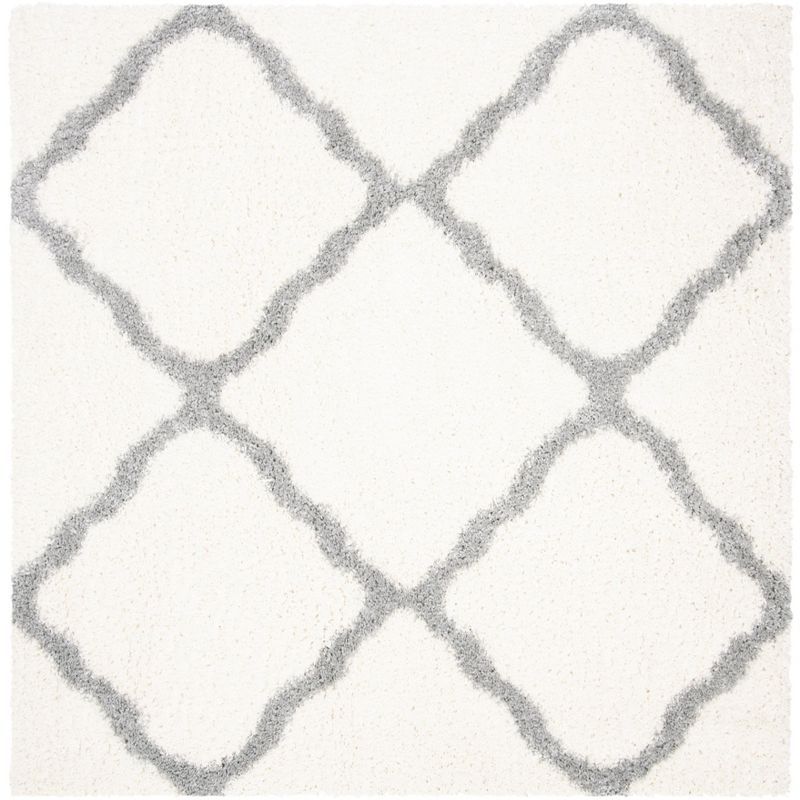 Hand-Knotted Cream and Grey Synthetic Shag Area Rug, 6'7" Square