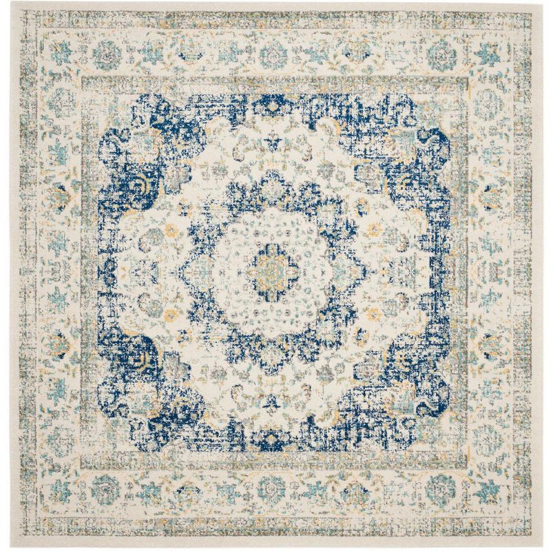 Ivory & Blue Floral Square Synthetic Easy-Care Area Rug - 5'1" x 5'1"