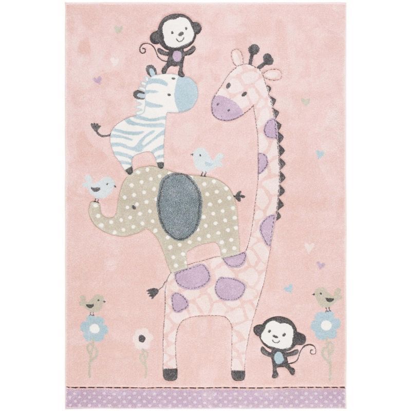 Blush Pink Round Synthetic Kids Area Rug, 4' x 6'