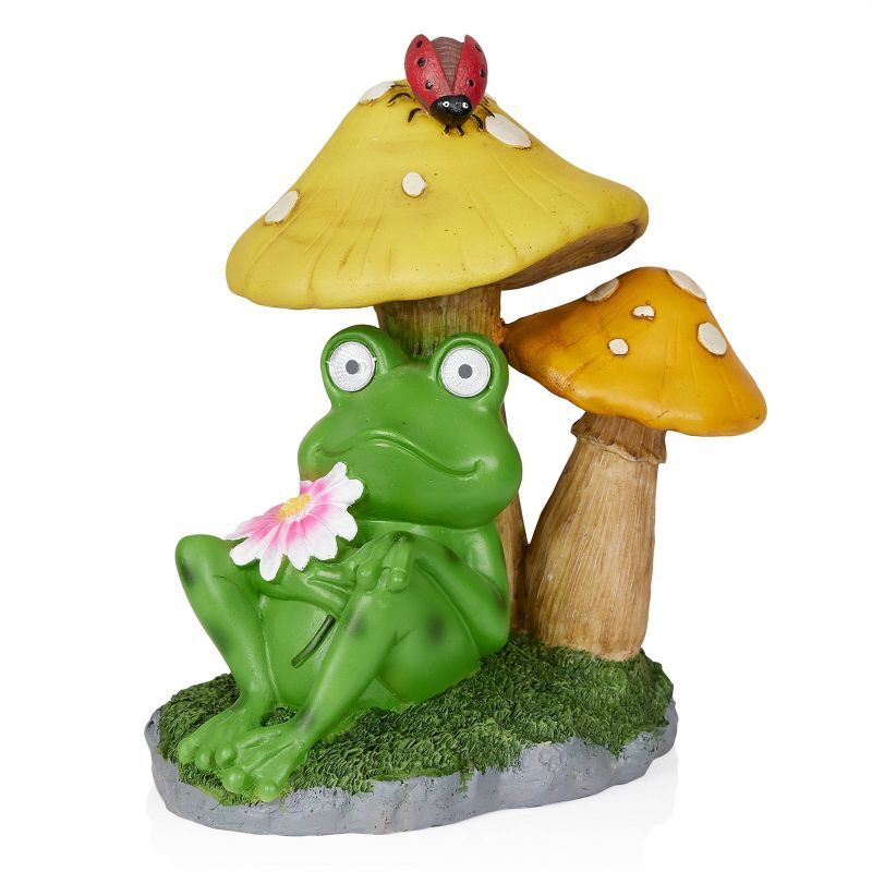 Whimsical Frog Mushroom Solar Garden Statue, 12" Polyresin