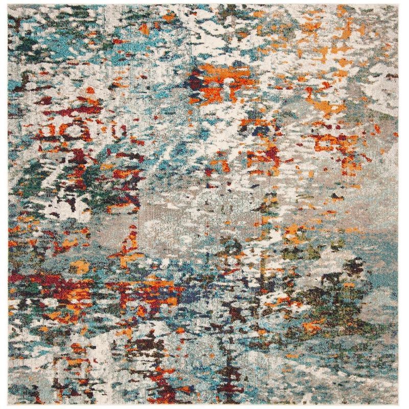 Grey and Blue Square Synthetic Area Rug