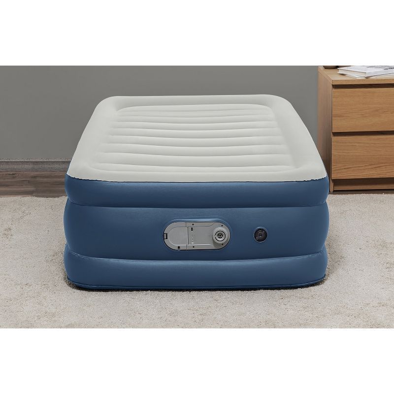 Twin Blue and White Raised Air Mattress with Built-in Dual Pump