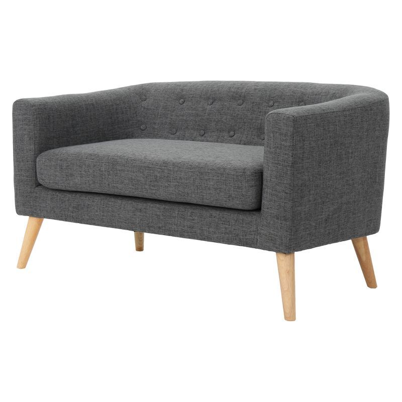 Mid-Century Modern Tufted Fabric Loveseat in Gray with Wood Accents