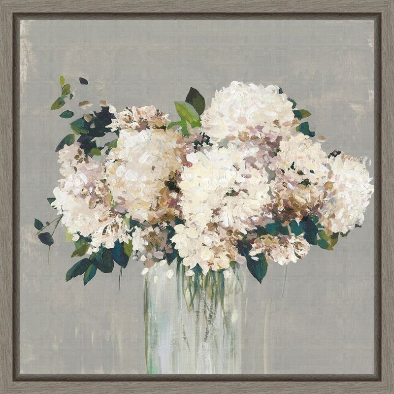 White Hydrangea in Vase Canvas Wall Art with Grey Frame