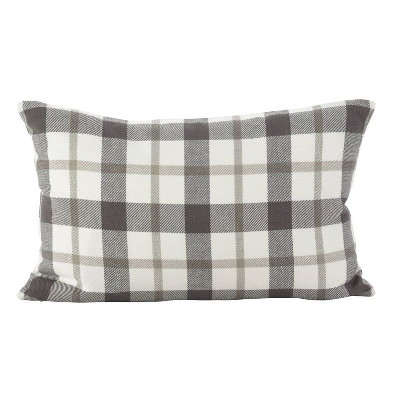 Gray and White Plaid Cotton Down Throw Pillow, 12" x 20"