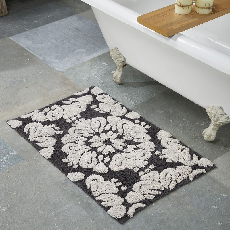 Charcoal and Natural Cotton Medallion Pattern Bath Rug Set