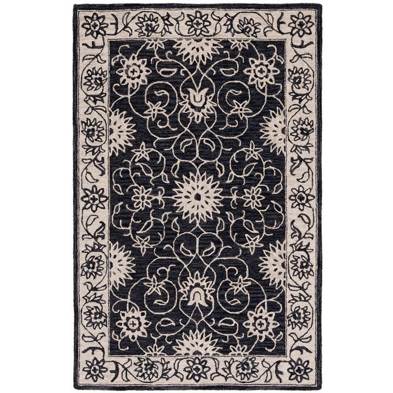 Black and Ivory Floral Wool 8' x 10' Handmade Tufted Rug