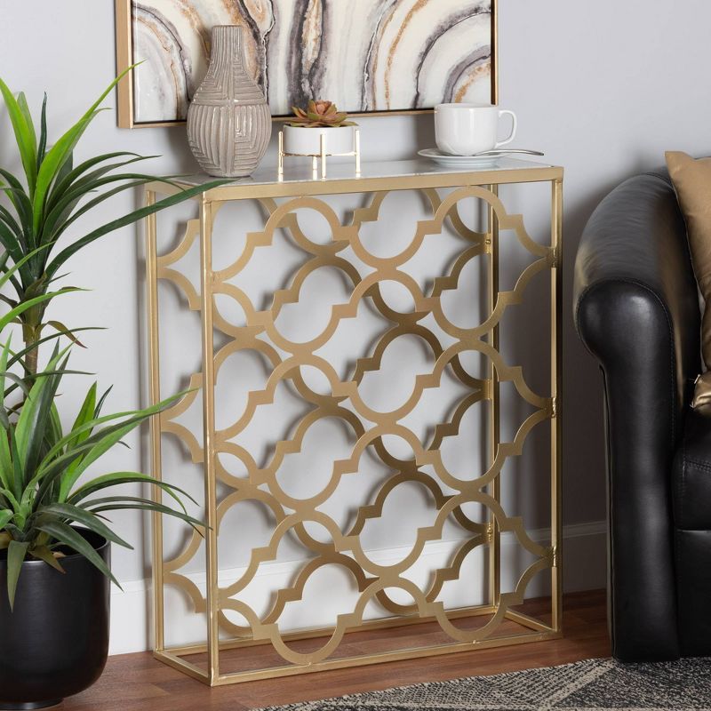 Gold Metal Console Table with Marble Top and Storage