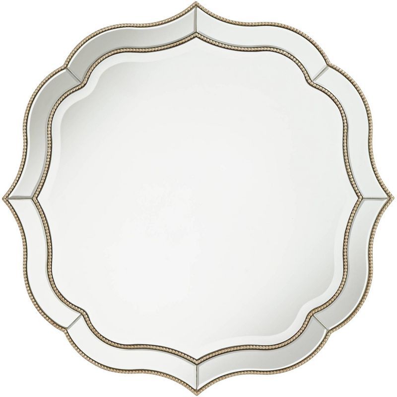 Scalloped Edge 37" Round Wall Mirror with Beaded Champagne Gold Frame