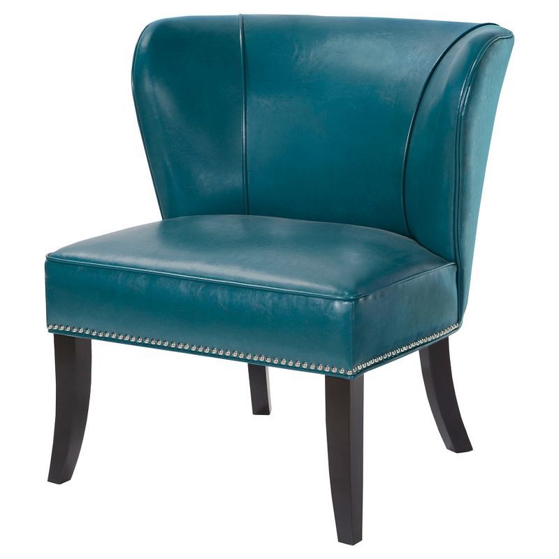 Peacock Blue Faux Leather Barrel Accent Chair with Wood Legs