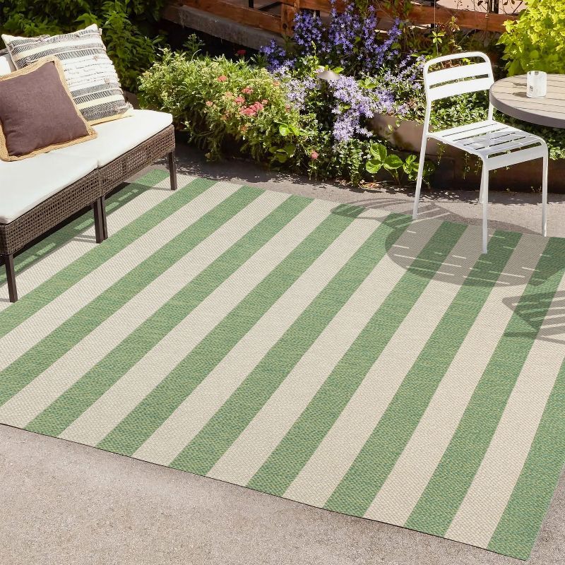 Ivory and Green Wide Stripe 5x8 Synthetic Area Rug