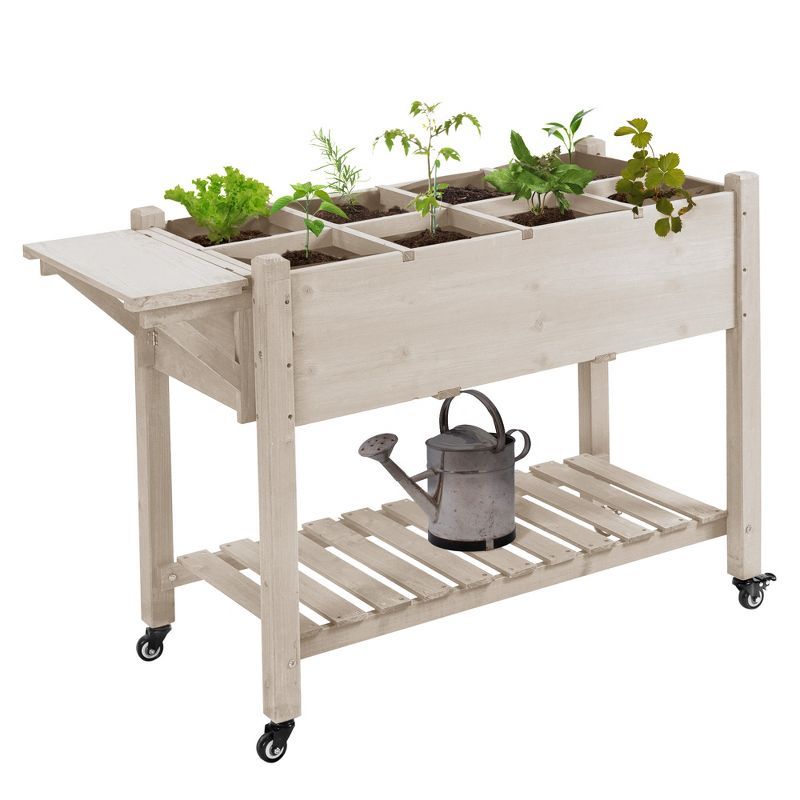 Elevated Natural Wood Garden Bed with Wheels and Storage Shelf