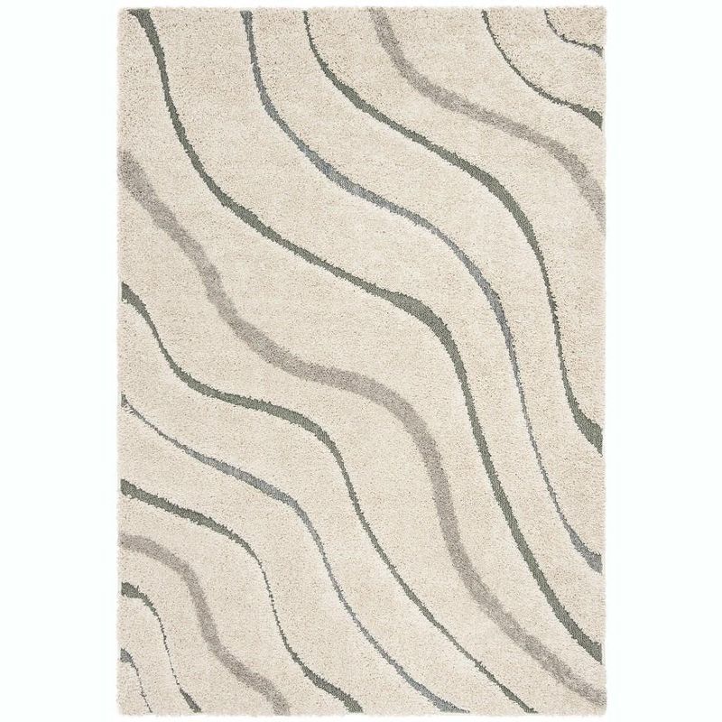 Cream & Light Blue Abstract Shag Area Rug 6' x 9' - Handmade & Washable