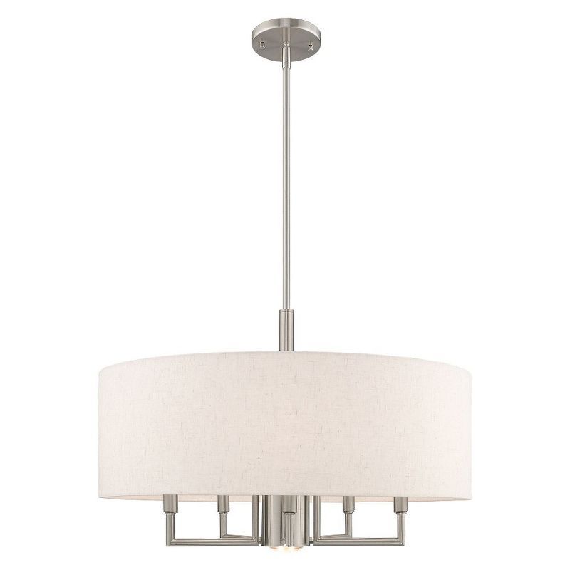 Meridian 6-Light Brushed Nickel Pendant with Oatmeal Fabric Shade