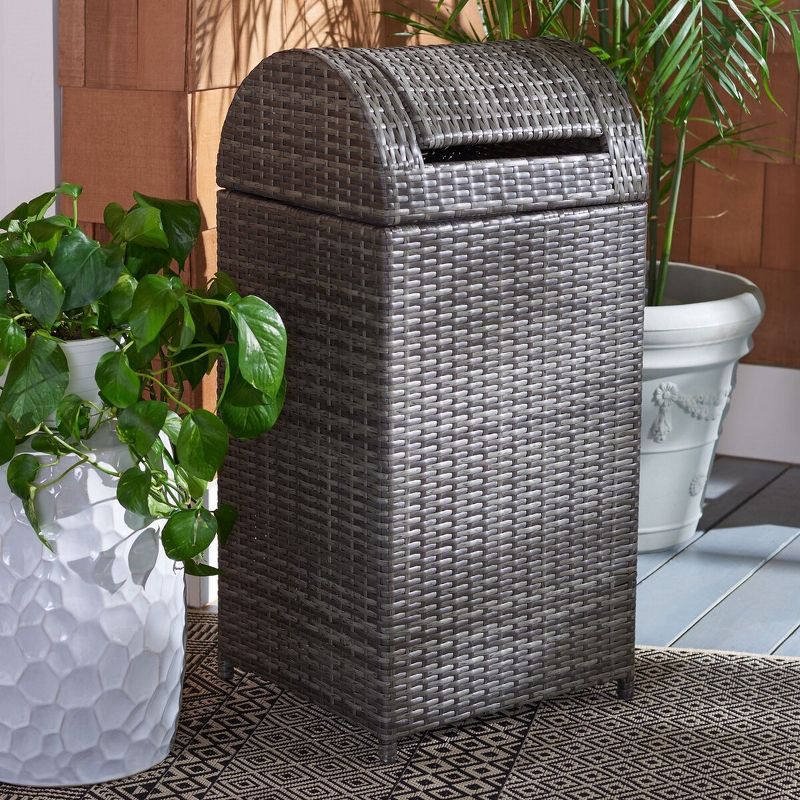 Grey Brown Woven Outdoor Trash Bin with Swing Top