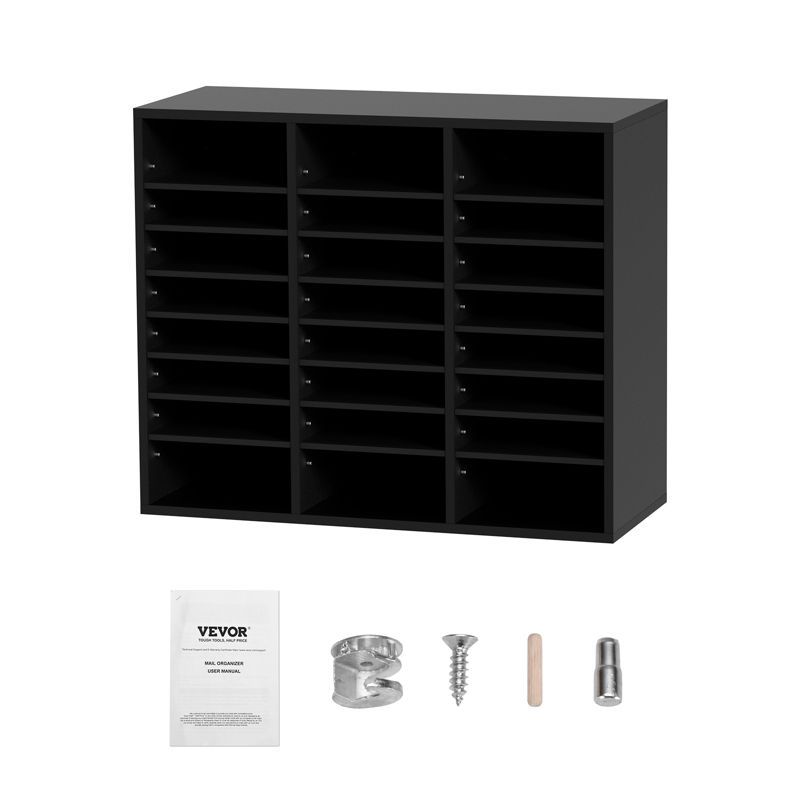 Black Wood 24-Compartment Literature Organizer with Removable Shelves