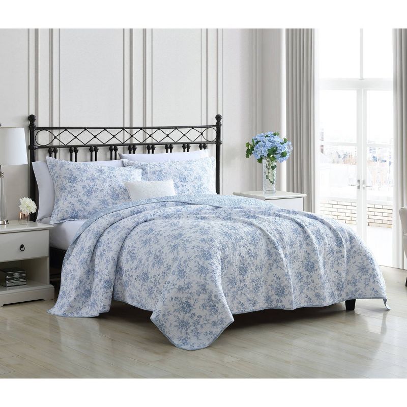 Blue Floral Cotton Reversible Full Quilt Set