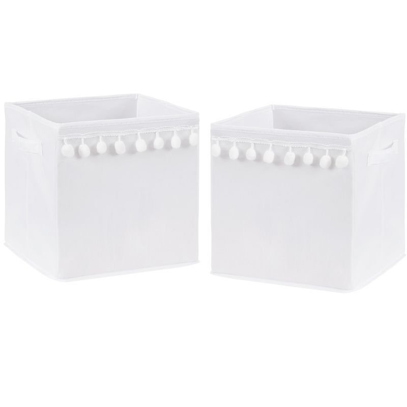 White Fabric Foldable Storage Bins with Pom Pom Trim, Set of 2