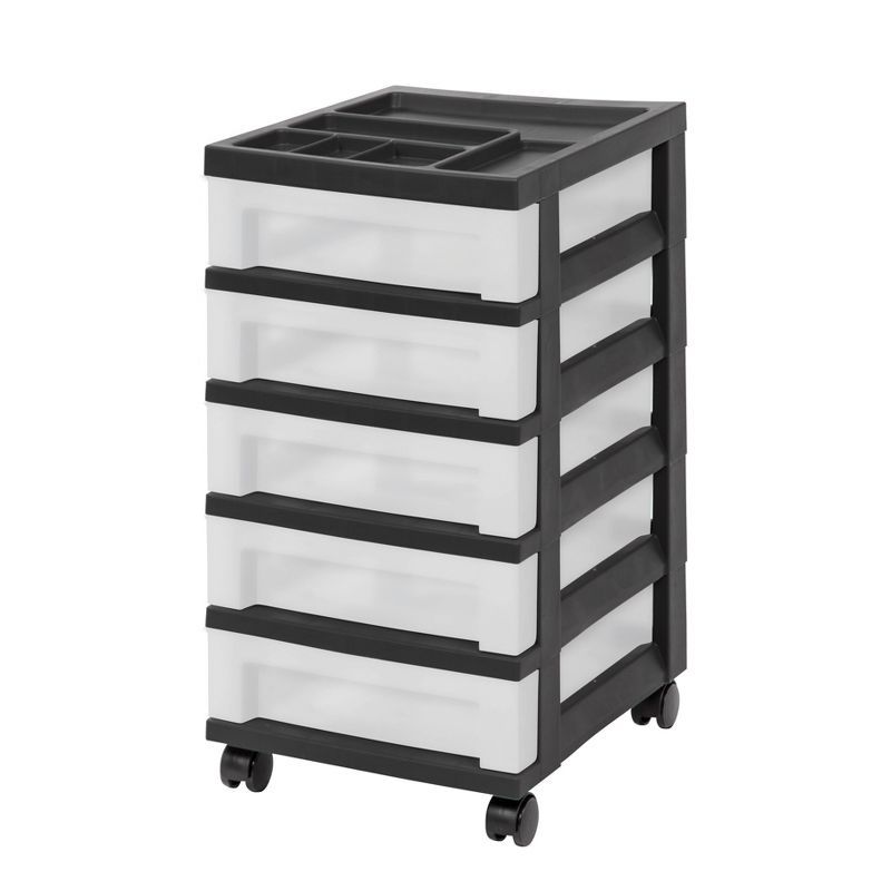 Black 5-Drawer Plastic Storage Tower with Organizer Top