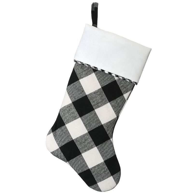 19" Black and White Plaid Christmas Stocking with White Cuff