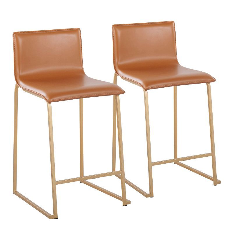 Set of 2 Gold Metal and Camel Faux Leather Counter Stools