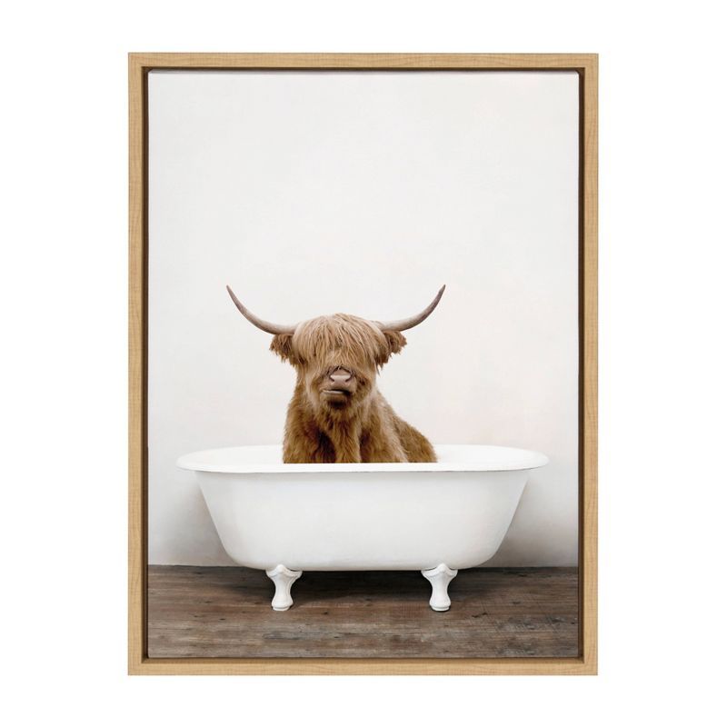 Whimsical Highland Cow in Tub Canvas Art with Natural Frame