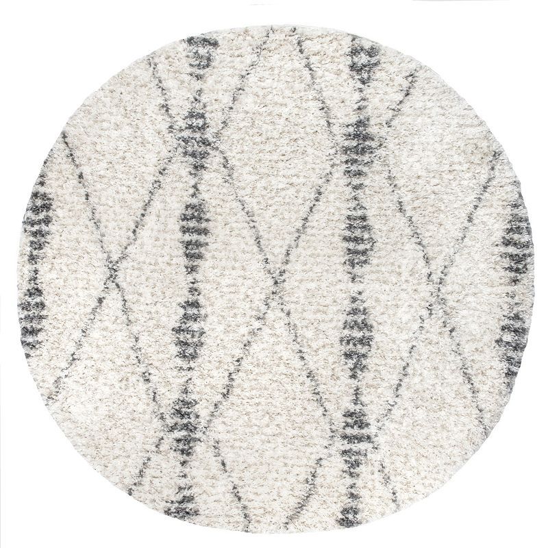 Reversible 71'' Round Gray Geometric Shag Rug