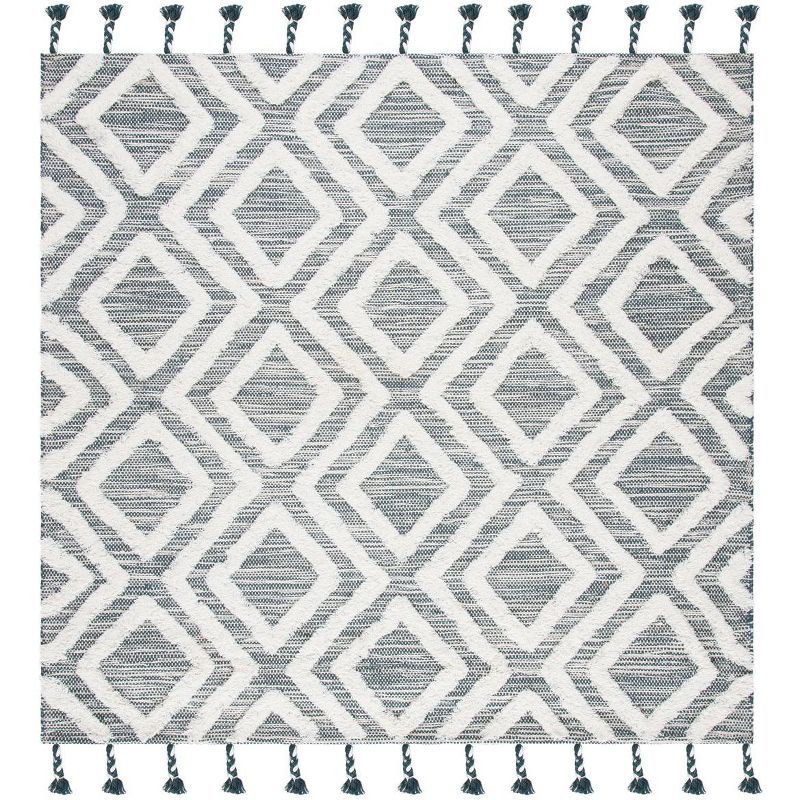 Ivory Wool Hand-Knotted 7' Square Tribal Design Area Rug