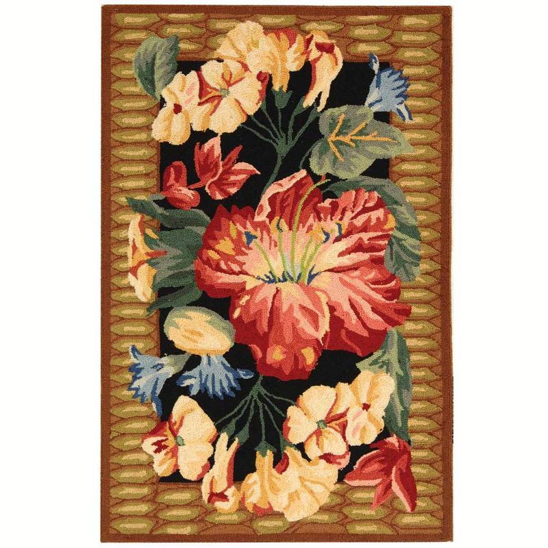 Handmade Black Floral Wool Rectangular Area Rug