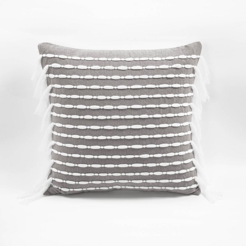 Gray and White Cotton Tassel Decorative Pillow Cover, 20" x 20"