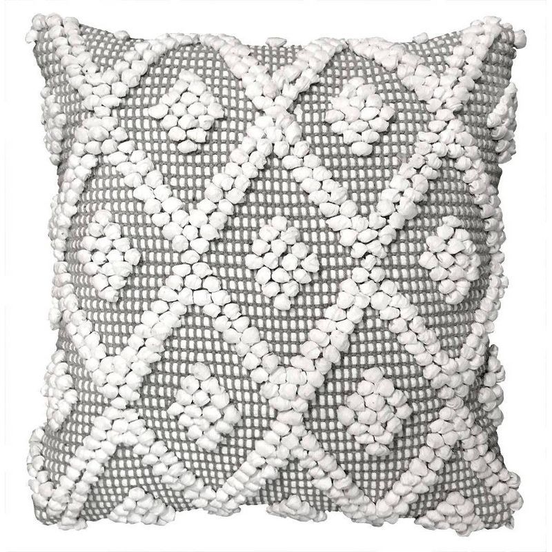 Gray and White Embroidered Cotton-Polyester Square Pillow Cover