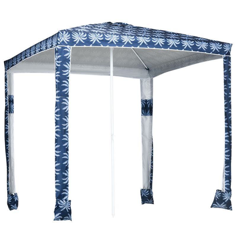 Blue and White Palm Print Steel Beach Cabana Canopy Umbrella